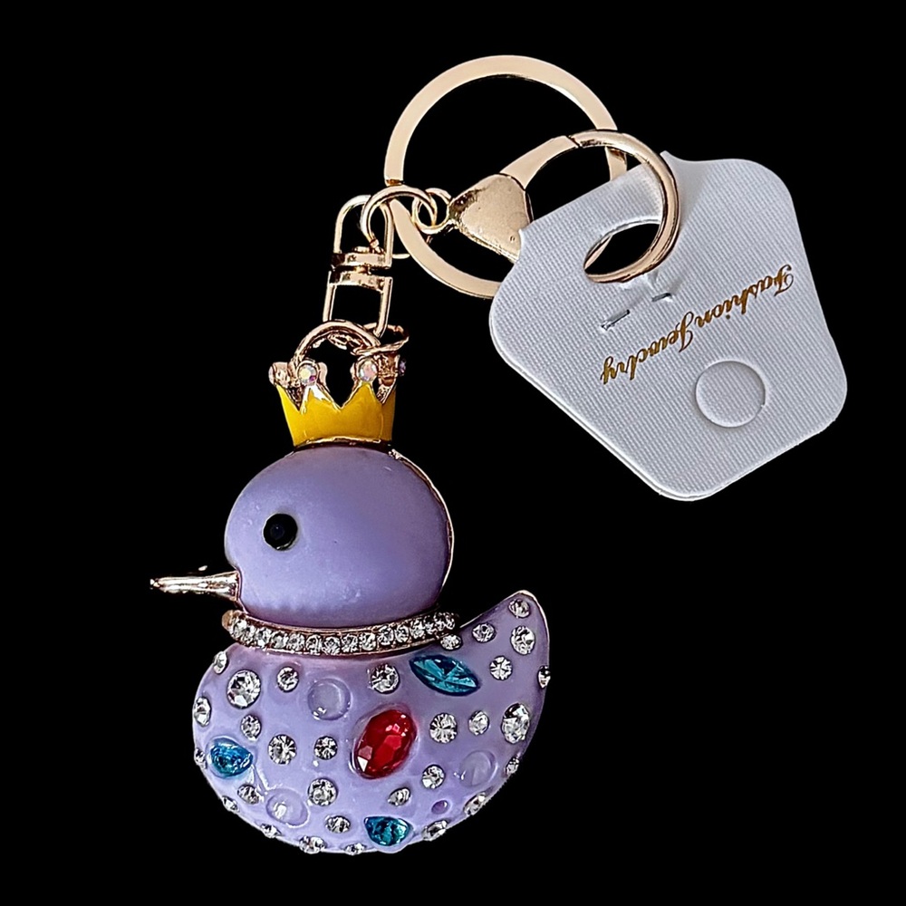 Rhinestone Duck Bag Charm Keychain Gold Tone Enamel Crystal Fashion Jewelry